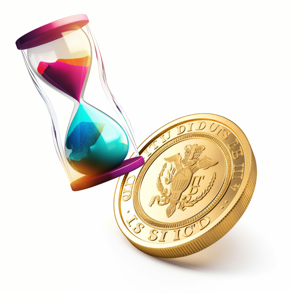 An hourglass and a gold coin